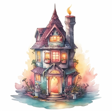 a Candle House watercolor Clipart sublimation clipart graphic, full body, clipart, sticker, a single picture, cartoon style, highly detailed, 8k, one image in the frame--no text in the picture--