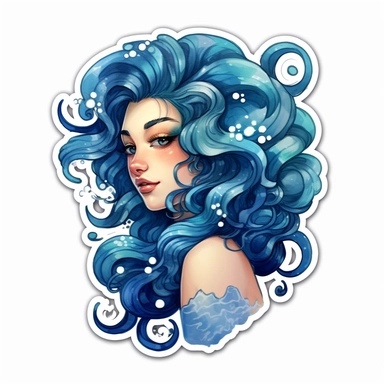 Aquarius zodiac sign as fantasy cute beautiful lady with water hair, tentacles, Horoscope, Astrology, water theme, surrounded by water, Watercolor Aquarius Zodiac Sign Clipart sticker design, 8k, detailed white background, uplighted