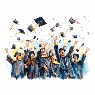 watercolor style, Graduation hat toss: Clipart showing a group of graduates throwing their caps in the air, celebrating the completion of their studies. clearly visible faces of participants. clipart, isolated on white background, 4K
