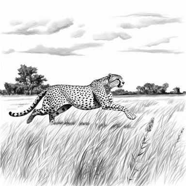 Draw a cheetah running as fast as the wind. The background should be a savannah with tall grass and a few trees. Simple outline, bold lines, black ink on white background, clipart. Make sure to leave some space for children to color. Black and white, black ink on white background.