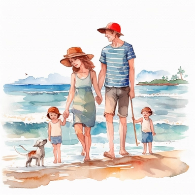Watercolor: a family at the beach at summer, enjoying the nice weather, full body png realistic cartoon 32k UHD cute 15cm thick outline in black with no shadow on the floor. with illustrations, realistic watercolors, and detailed illustrations Cartoon, PNG clipart, transparent white background