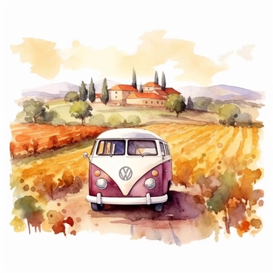watercolor romantic sunset style volkswagen bus clipart on Martha's winyard, there is a wineyard in the background, the car is on a dusty road, the background is emphasized, realistic wineyard, clipart, white background