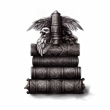Create an impressive clipart of a clean, dark wizard's book stack on a pure white background. The design should incorporate elements of the gothic and fantasy genres, with dark hues and ornate designs on the books' spines. The lighting should be moody and shadowy, with a focus on the intricate details of the books' covers. The book stack should be perfectly symmetrical to create a sense of order and balance. Use a macro lens to capture the intricate details of the books' designs and play with th