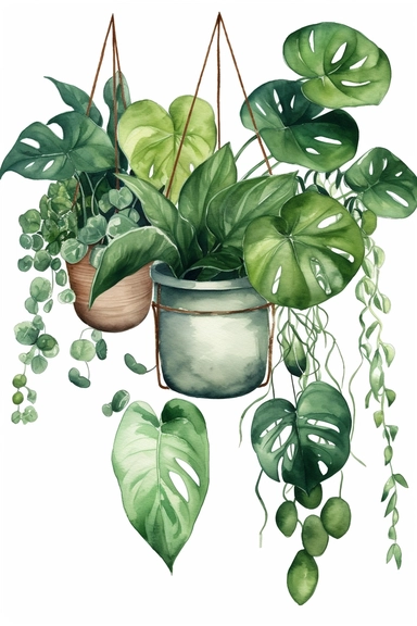 Philodendron cute hanging pot watercolor clipart