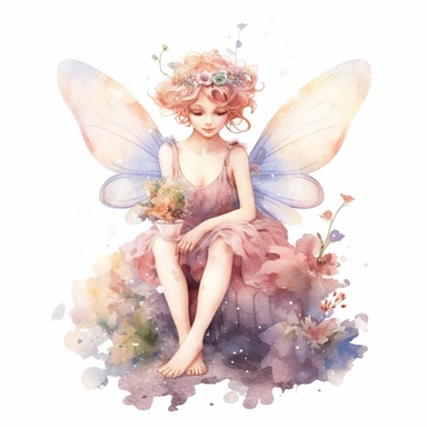 Fantasy Style Animated style tiny fairy sitting on little flower with watercolor effect,many twinkles,suitable for digital clipart,white background,Mythologic Scene,Ancient rome fashion,cartoon style,soft colours