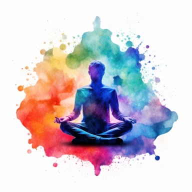 watercolor clipart of meditating man, closed eyes, celestial atmosphere, vibrant chakra colors, on white background