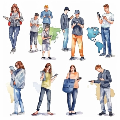 watercolor, Set of hands touch smartphone screen and hold mobile phones with apps for taking selfie, watching video, social media, searching route on map, group calling and playing games. png Full body realistic cartoon in 32K UHD cute. 15 cm thick outline. Black color. There was no shadow on the ground. 8k with realistic watercolors and detailed illustrations. PNG clipart, transparent white background