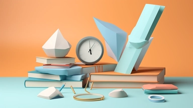 book, paper plane, paper clip, magnifying glass, magnifying glass, clock, 3d rendering, education concept, 3d, in the style of light azure and orange, sculptural ceramics, atey ghailan, website, piles/stacks, subtle color palette, mid-century