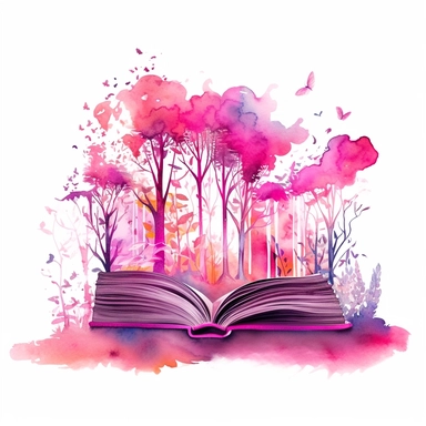 pink watercolour image of magical forest coming out of a book clipart, vector image