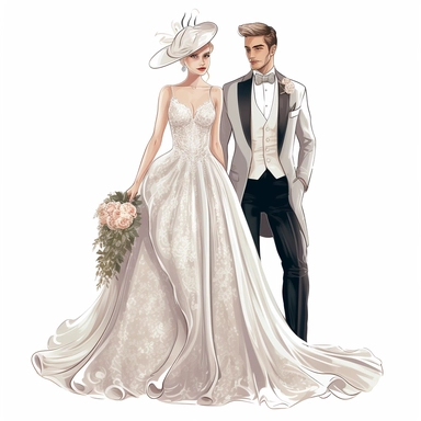 Bride and groom full body, fancy bride dress, high level of detail, vector clipart, white background