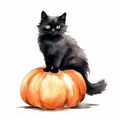 Watercolor clipart cute black cat on pumpking white background