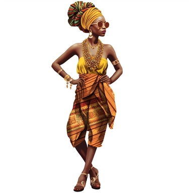 clipart, full body, african american woman wearing african print headwraps and matching earrings, glam, realistic, isolated white background--s 250