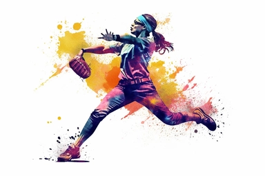 Watercolor, Design a scene of a softball pitcher winding up and delivering a pitch with precision clipart, hd, on a white background, spaced out