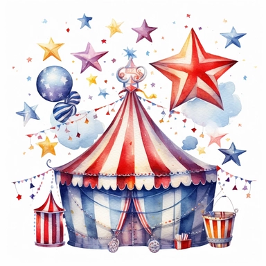 Watercolor style circus acts, rainbow colours with stars, stripes and pokka dots. hyper realistic detailed clipart, on a white background