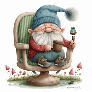 A watercolor painting of a grandad gnome sitting in an armchair, grandad Gonk, cute gnome grandpa, golfing gnome, cute detailed digital art, inspired by nicoletta ceccoli, by Kubisi art, whimsical and cute, by nicoletta ceccoli, cute detailed artwork, glimmering, adorable and whimsical, whimsical art, Clipart style, png style, svg style, blank white background, a solid white background