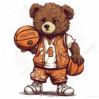 clipart, curly teddy bear dressed in a basketball uniform with a basketball in his hand, basketball, Beige, black-brown, tanned color, very detailed, white background, basketball style, van gogh style, maximalism, Painted By Akari Toriyama, luxury, lakers basketball team