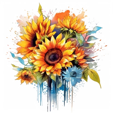 wild grown colorful sunflowers with white background, beautiful and vibrant colors with mythical elements, clipart, high resolution, high definition