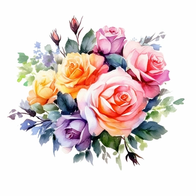 watercolor painted bouquet of mixed colored roses clipart, Flower Border clipart, Minimalist Flower Bouquet clipart, mixed colored roses Clipart roses painting formal glamour elegant style wedding floral bouquet, wedding clipart include babys breath flowers in the bouquet 4