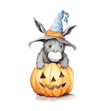 E.H. Shepard's Eeyore donkey in a Halloween theme wearing a pumpkin hat, with a Jack-o-lantern basket in its mouth also be wearing a black and orange bowtie, and have little bat wings on its back, white background Clipart watercolour (blue toy donkey) on white background in the style of lizzie mackay, in the style of E.H Shepard, sparklecore, twinklecore, whimsical animation, exquisite detail, high resolution, children illustration, magical, whimsical, twinkle lights, pastel, beautiful, sparkly,