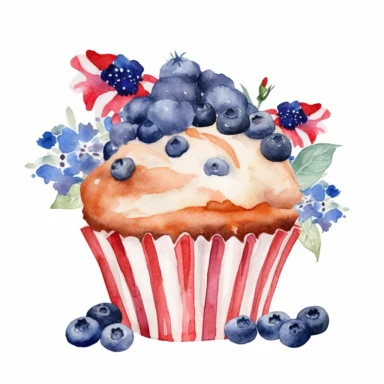 4th Of July ,blueberry muffins watercolor clipart, one single in a picture, with American flag, and blue red and white flowers aroud,white background