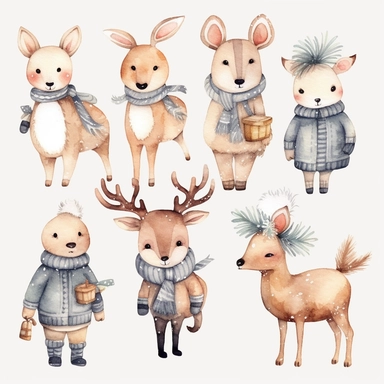 Watercolor collection clipart winter elements snowflakes, kawaii reindeer, ice skating, scarf, neutral colors, no background