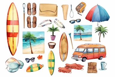 1 Watercolor beach items clipart,hd, isolated on white background, spaced out, retro color