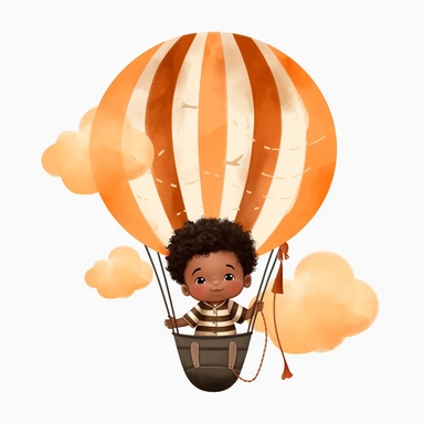 a cute black baby boy in a hot air balloon, newborn infant, afro, dark orange and cream colors, watercolor clipart illustration
