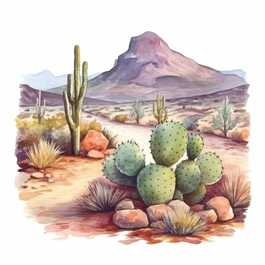 watercolor style, mexican desert with cacti, clipart, isolated on white background, 4K