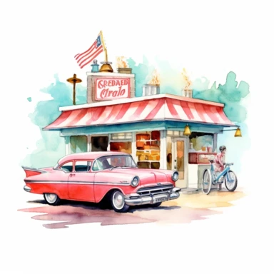 road trip memories, vintage car, stopping for ice cream at roadside stand, 1950's diner, watercolor clipart, minimalist, bright colors, isolated white backgr