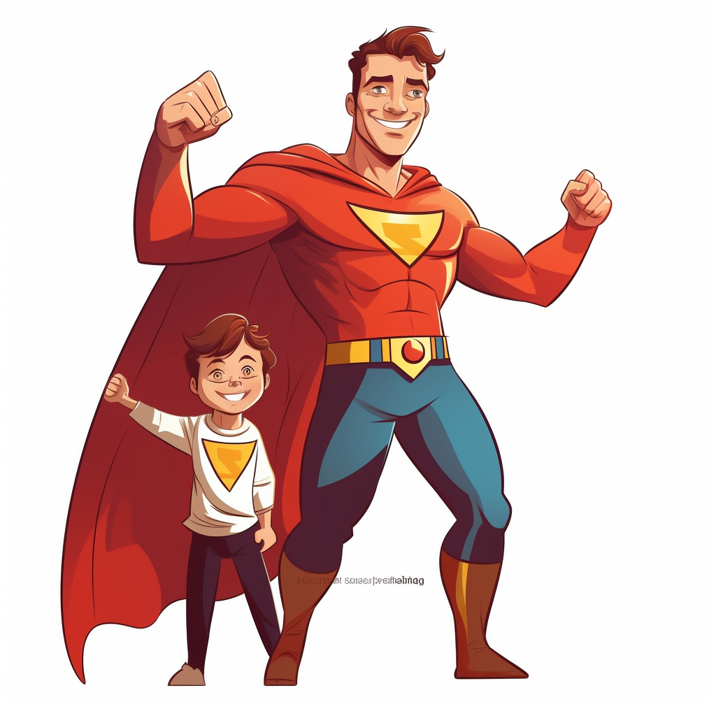 a cool super hero dad in his super hero suit loving his ordinary child ...