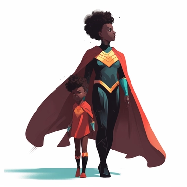 a comic-style, clipart image (floating image), full body image of a black mother and child duo where the child is the superhero's sidekick, wearing super suits