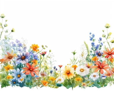 seamless, Bright Watercolor Floral Border, Wildflowers floral clipart, Floral borders, Meadow Flowers, summer flowers, Gerbera Daisies, solid white background