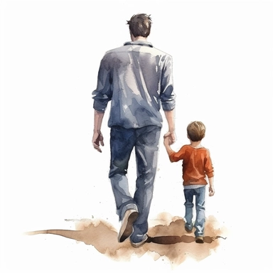father standing with son, facing away from camera, watercolor illustration with plain white background, clipart