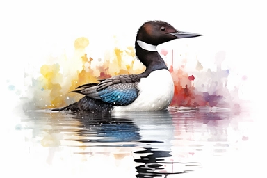 Common Loon. use a combination of vibrant colors and subtle variations in color to capture the freshness and vitality of the scene. Let the transparent and flowing nature of watercolors add a sense of lightness and movement to the painting, clipart, plain isolated white background, 8k ultra detail high sharpness