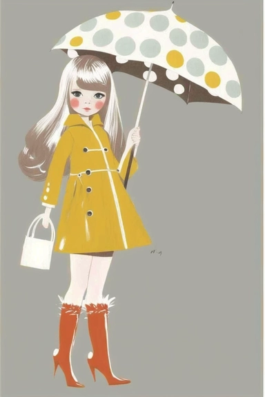 <https://s.mj.run/49ZvoIFW24o> <https://s.mj.run/VafKh_OyowI> Mary Blair style, minimalistic nordic style single clipart, baby 70s hippie fashion model with umbrella, minimalistic pastel color palette,