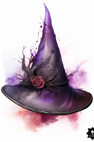 hyper realistic stunning Witch hat: Create a clipart of a classic witch hat with a gothic twist, spider webs, bats, and other gothic elements to make it more interesting. ,watercolor illustration, color palette Violet, eggplant,diesel,dusty gray,cannon pink, tamarind,mulled wine,charade ,realistic,symmetry,png white background