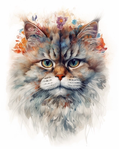 Watercolor Painting of Persian cat head on white background good anatomy, DETAILED ILLUSTRATION, Flora Design Patterns, Flemish Baroque by Rachel Ruysch, Behance, Rococo, Intricate Detailed, Soft Light Effect, Oil Paint Strokes, Light Academia Aesthetic Flowers, Lighting cinematic, all shown shimmering stamens, tyndall light, texture, colorful, 8k, fantasy, ray tracing, vivid, spectacular lighting, octane rendering, highly detailed, ultra - realistic, white background, clipart