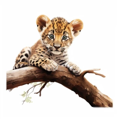 cute leopard cub, resting on a tree limb, bold colors, clipart, on a white background