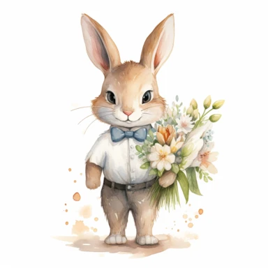 cute rabbit, standing, holding wedding bouqet, white lilies, watercolour, white background, clipart