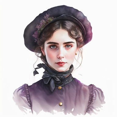 watercolor portrait of young beauty victorian lady in dress and Beret with eyes catching, white background, hyper realistic, ultra detailed clipart, watercolour illustration style, illustration, detailed,png, 8k