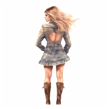 glamour model posing, blonde hair, hotpants, full length, her back is facing the camera, her head is looking to the right, her hair up is up in a ponytail, boots watercolour style, fine details, 8k clipart png transparent