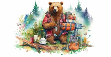 Adorable teddy bear on adventure, camping gear, forest, clipart, vivid colours, ornamental watercolor, white background, I can’t believe how beautiful this is
