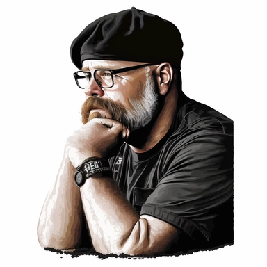 illustrated clipart of jamie hyneman looking away from camera, deep in thought, hand on chin, wearing black beret, white shirt, photorealistic