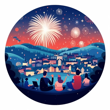 red, white, and blue fourth of july illustration clipart of people sitting on a hillside overlooking a town with fireworks bursting in the night sky cropped inside of a round shape with a white background in the style of Joey Chou