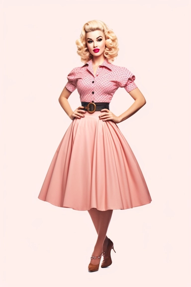 full body shot of a posing housewife against white background, in the style of vintage-inspired pin-ups, realistic figures, polka dot madness, pink and amber, against qhite background clipart png