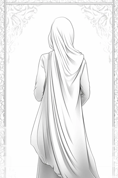 coloring page of a Hijabi woman back view clipart, muslim lady clipart, veiled woman clipart, floral lady hijab clipart , coloring book page for teens, no text, clean and simple line art