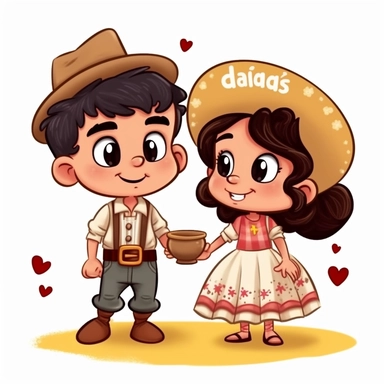 a couple of children dressed for a Brazilian junina, happy, Monica's gang style, Graphics Maurício de Sousa, digital art, big eyes, cartoon, clipart , country girl from festa junina from brazil cute drawing white background