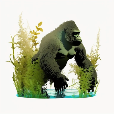 a gorilla wrestling with hydrilla grass underwater, clipart, white background