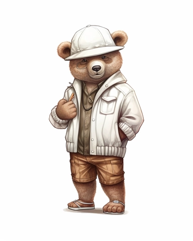 brown bear in a white tracksuit ,wearing a hat ,cartoon, ,Cool, full body, Sublimation Clipart ,Cartoon,hyper realistic, intricate detail, illustration style,high solution, clipart, ,8k, style of Bohemian, style of Anna Süßbauer and Jon Klassen,vector, Vector, white background,Solid Background, Sharpness and clarity, masterpiece, trending on Artstation and Dribbble.--v 5.1