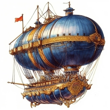 steampunk airship image, steampunk, intense colors, luxurious, victorian, clipart, watercolour, navy blue watercolor, white background, detailed